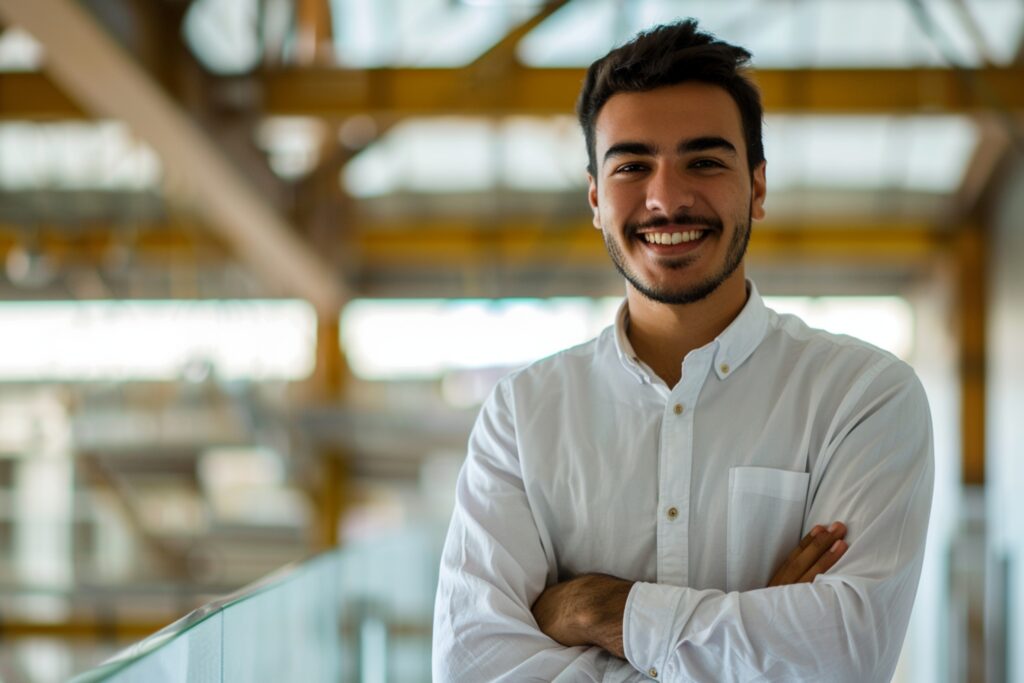 smiling man with his arms crossed front building scaled